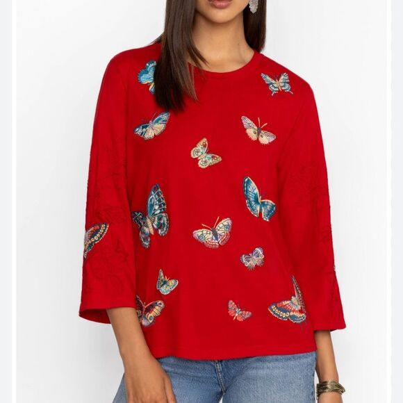 Johnny Was Red Kimono Sleeve Butterfly Embroidered Tee - Picture 1 of 8